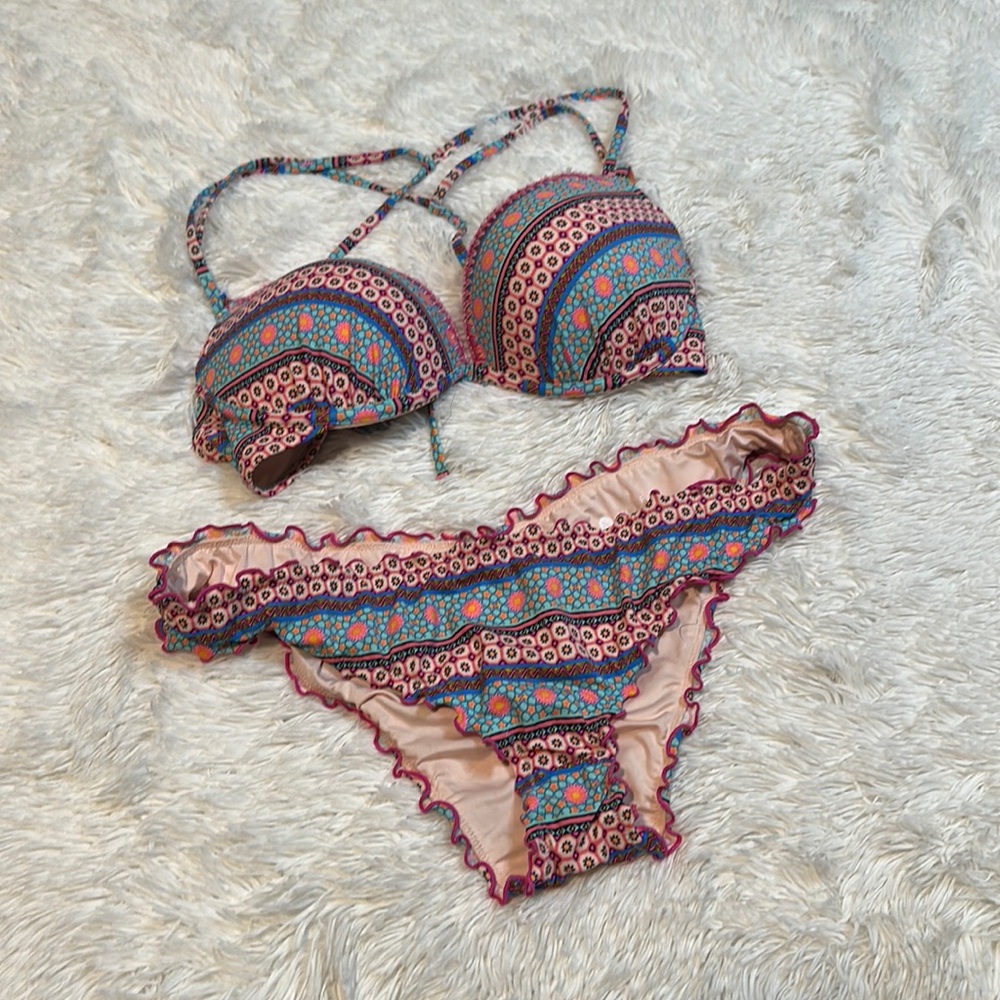 Shade & Shore Multicolor Patterned Bikini - Teal, Pink, Orange